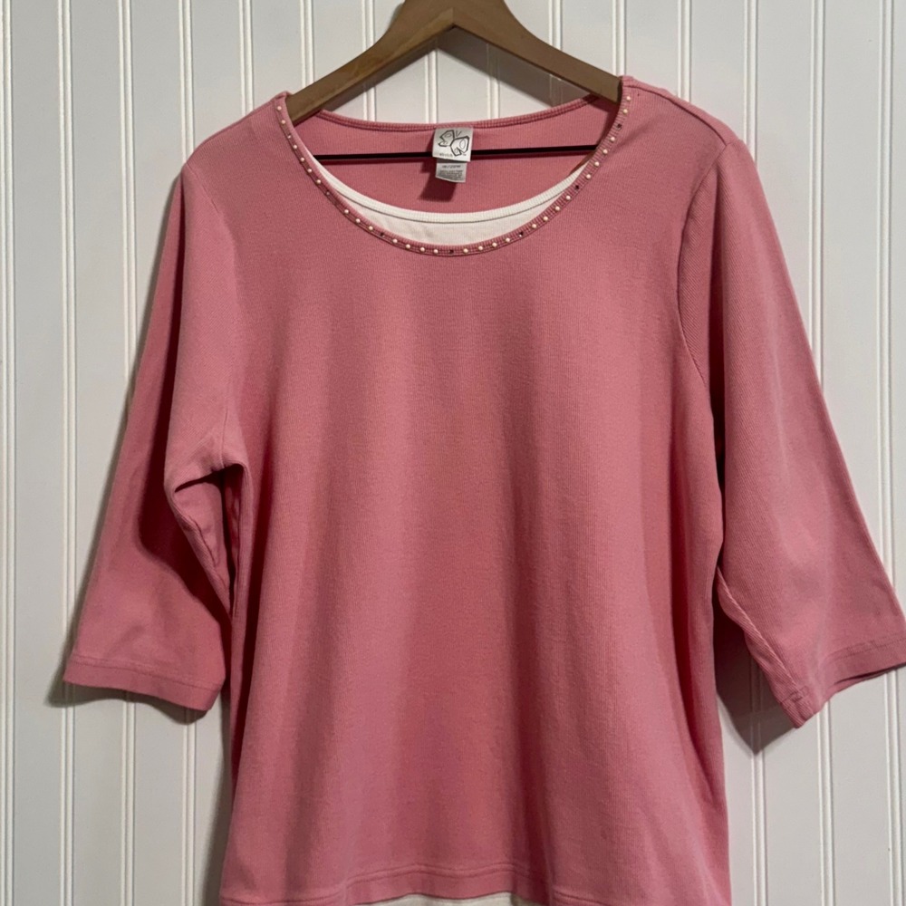 Vintage Fashion Bug Pink Ribbed Faux Layered Top Studded Neck 18/20W Coquette - Picture 2 of 7